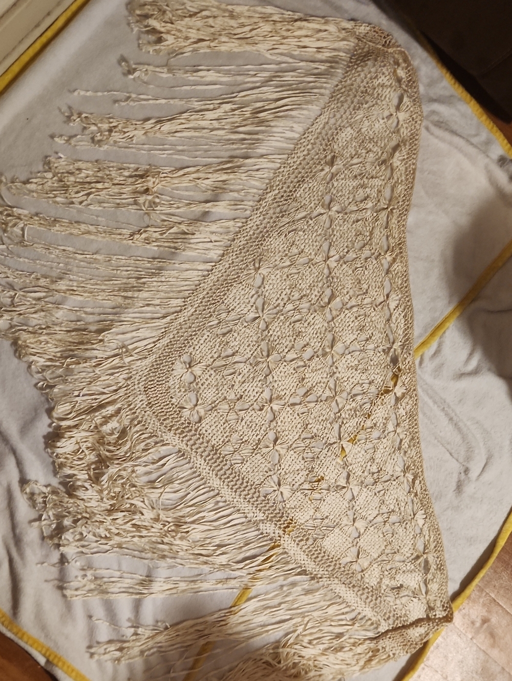 Hand-Knit Cream Fringe Triangle Shawl